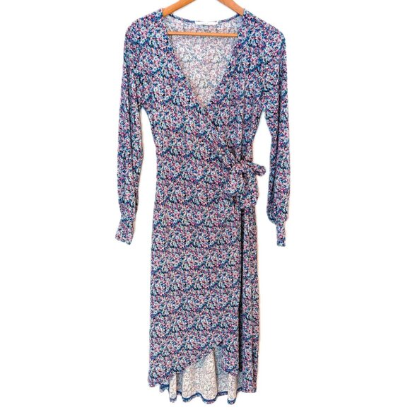 Lush | Floral Moss Crepe Long Sleeve Wrap Dress Blue Purple Multi | Size Medium - Picture 9 of 12